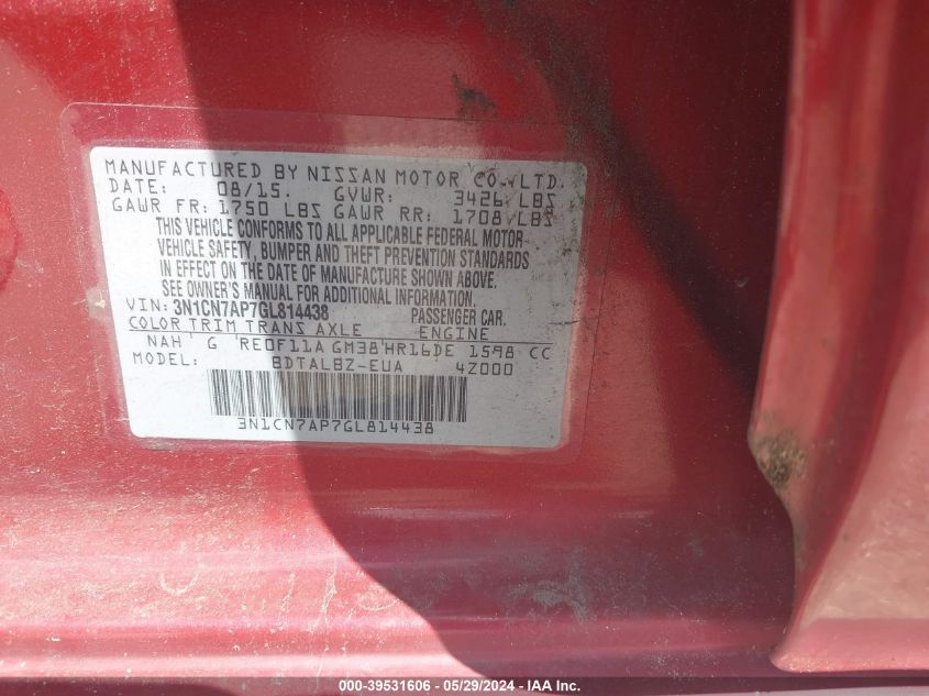 2016 Nissan Versa 1.6 S/1.6 S+/1.6 Sl/1.6 Sv VIN: 3N1CN7AP7GL814438 Lot: 39531606