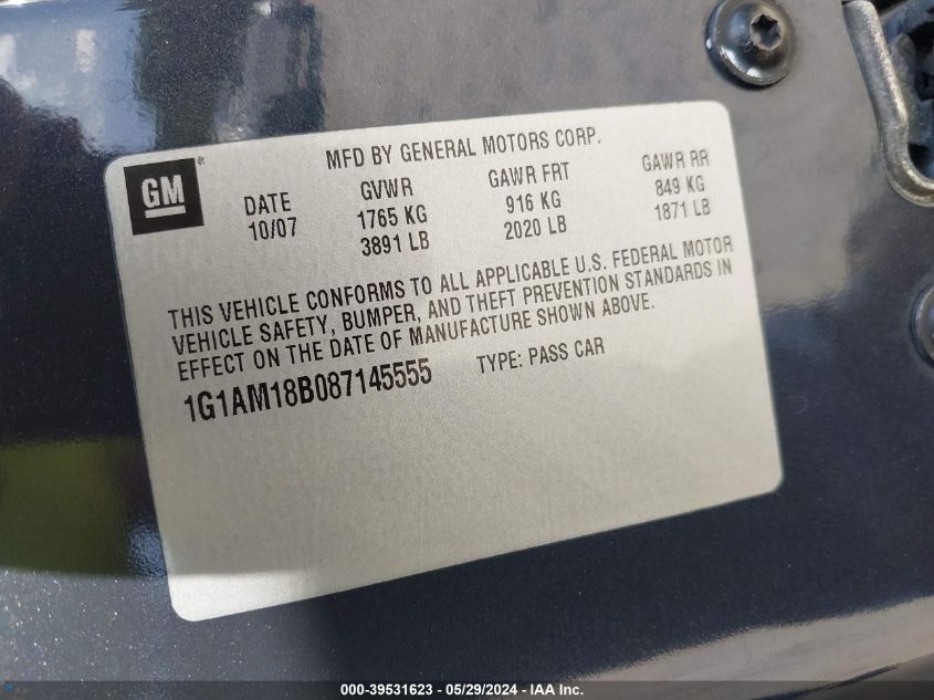 2008 Chevrolet Cobalt Sport VIN: 1G1AM18B087145555 Lot: 39531623