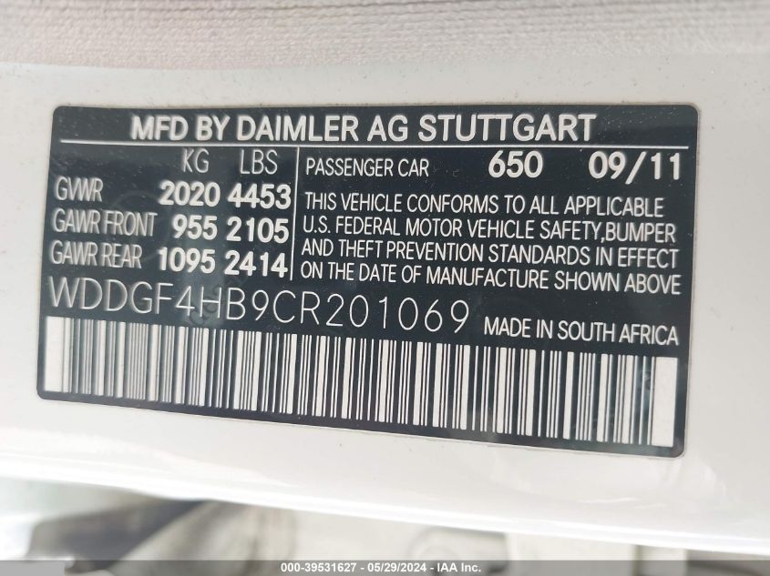 2012 Mercedes-Benz C 250 Luxury/Sport VIN: WDDGF4HB9CR201069 Lot: 39531627