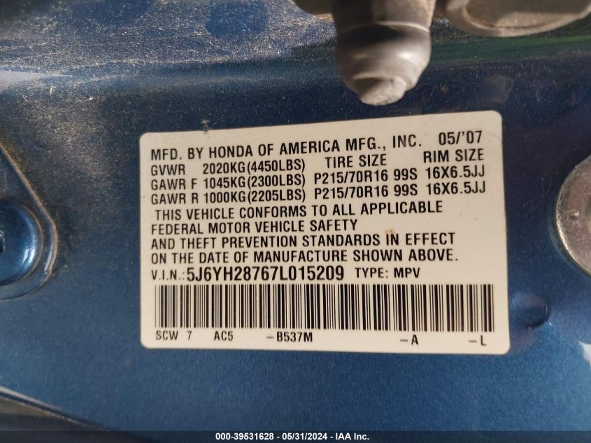 2007 Honda Element Ex VIN: 5J6YH28767L015209 Lot: 39531628