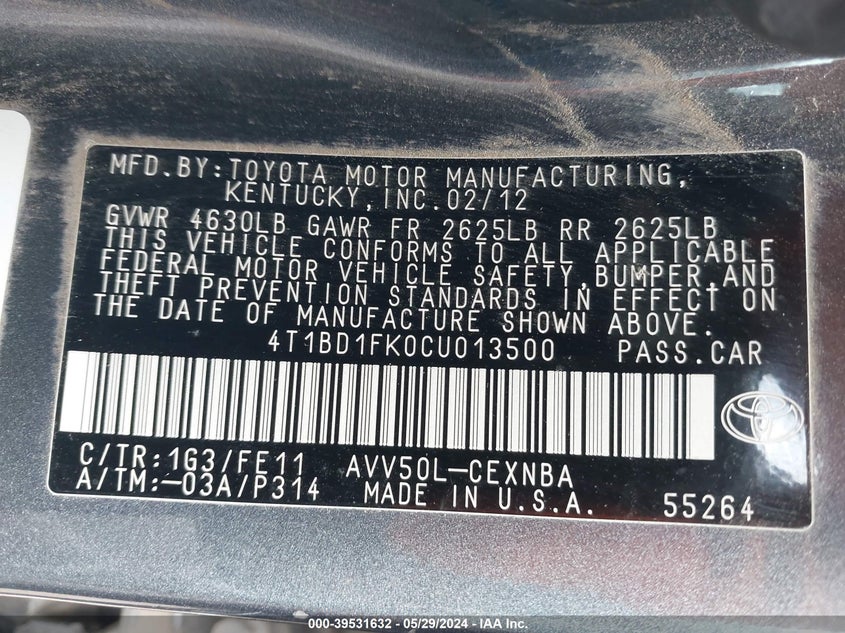 2012 Toyota Camry Hybrid Le VIN: 4T1BD1FK0CU013500 Lot: 39531632