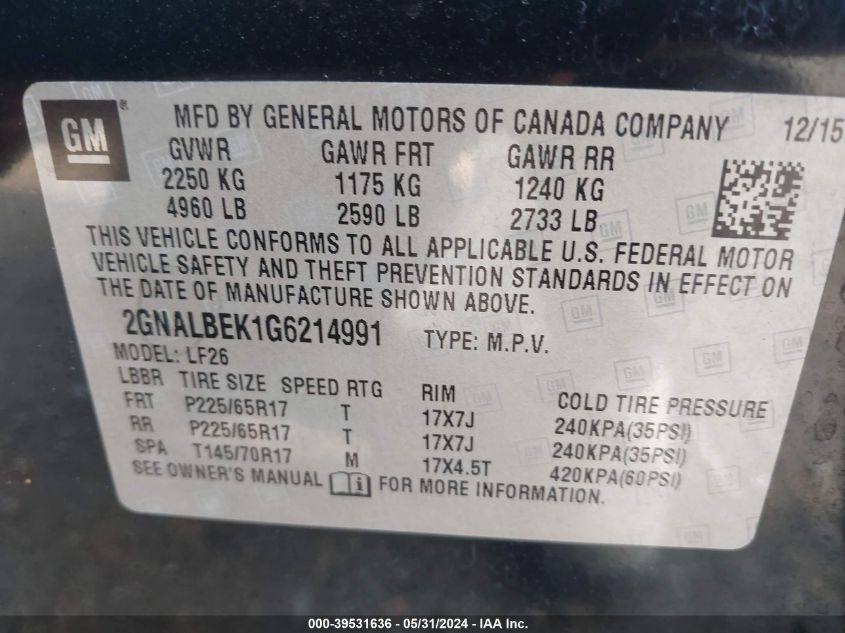 2GNALBEK1G6214991 2016 Chevrolet Equinox Ls