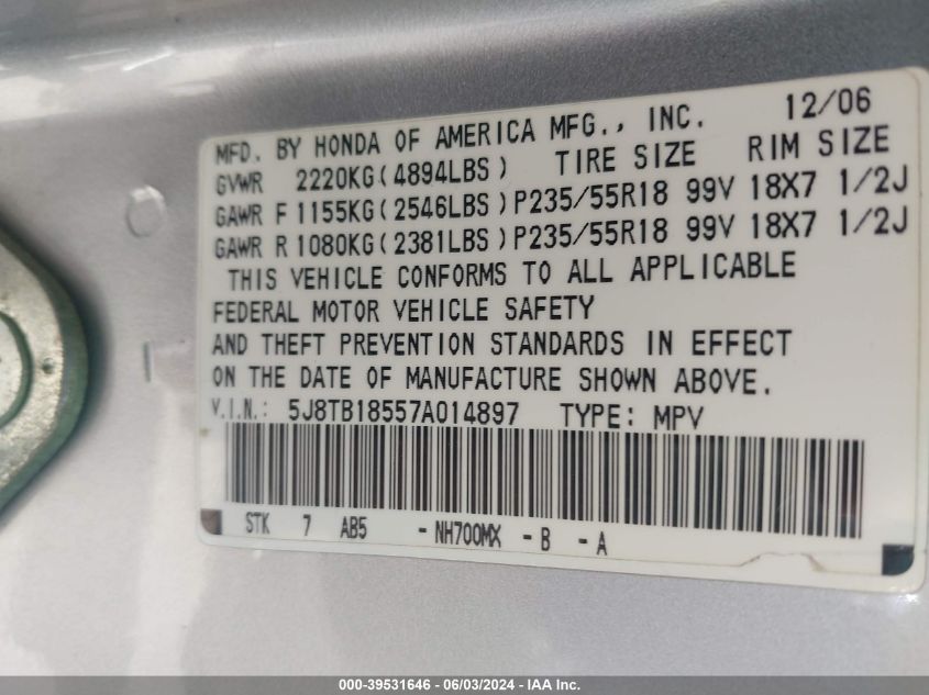 2007 Acura Rdx VIN: 5J8TB18557A014897 Lot: 39531646
