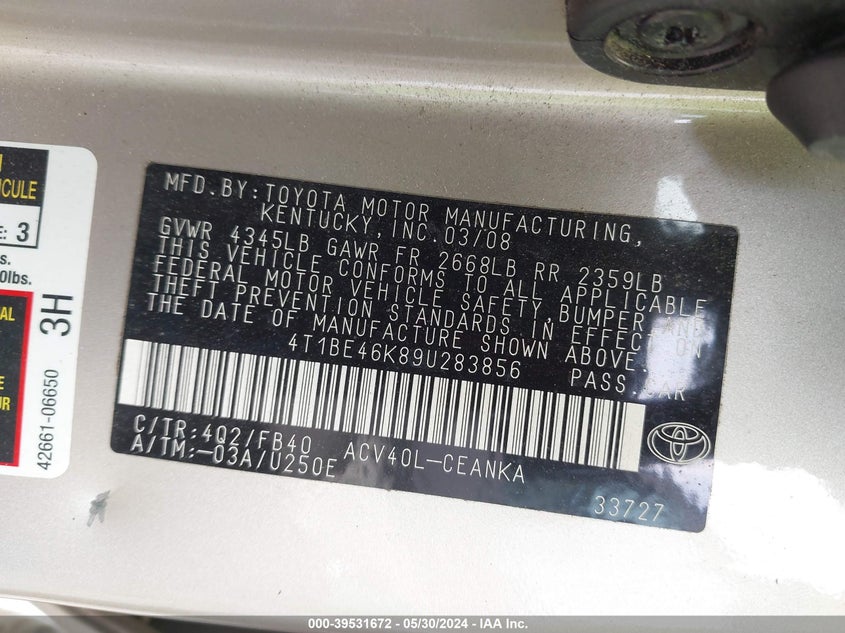 2009 Toyota Camry Le VIN: 4T1BE46K89U283856 Lot: 39531672