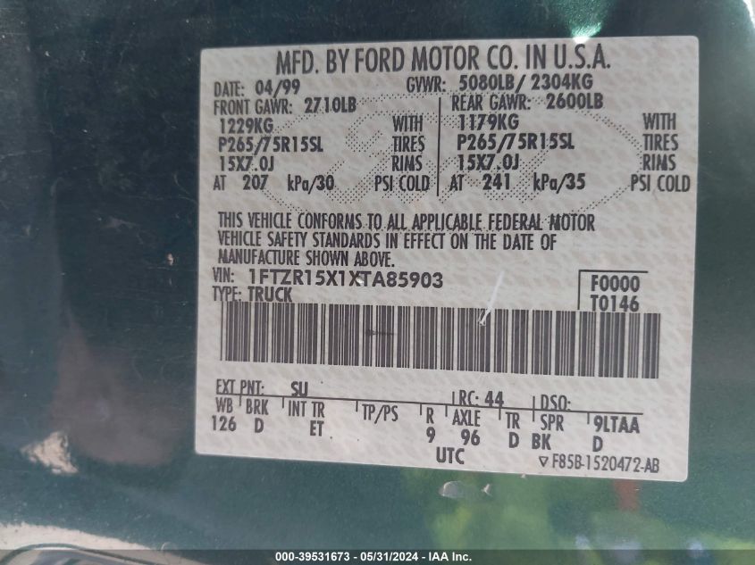 1999 Ford Ranger Xlt VIN: 1FTZR15X1XTA85903 Lot: 39531673