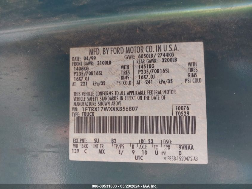 1999 Ford F-150 Lariat/Work Series/Xl/Xlt VIN: 1FTRX17WXXKB56807 Lot: 39531683