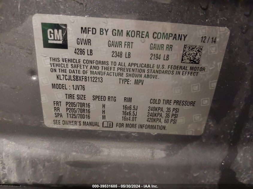 2015 Chevrolet Trax Lt VIN: KL7CJLSBXFB112213 Lot: 39531685