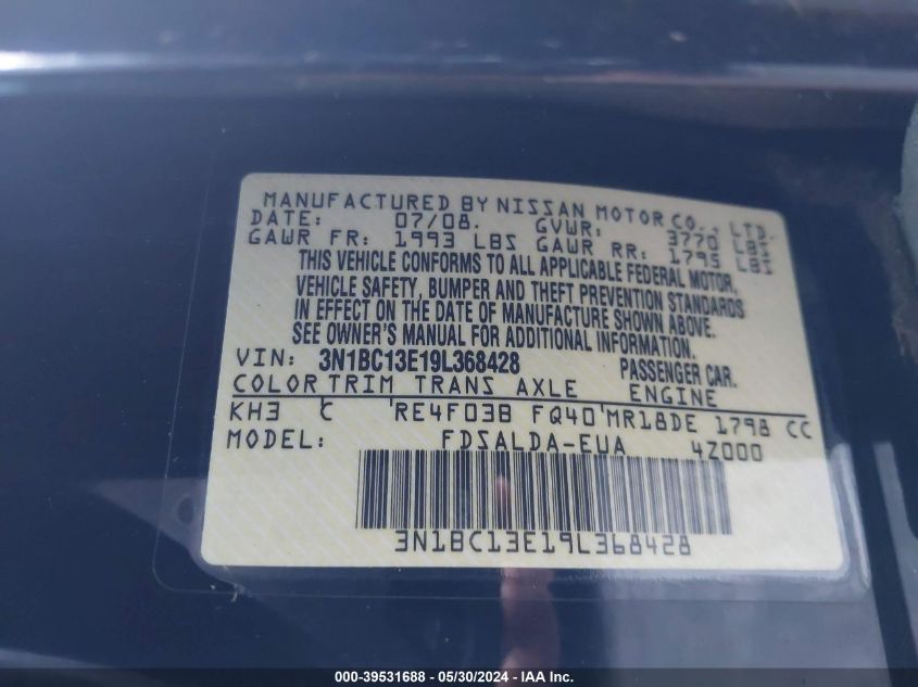 2009 Nissan Versa 1.8S VIN: 3N1BC13E19L368428 Lot: 39531688
