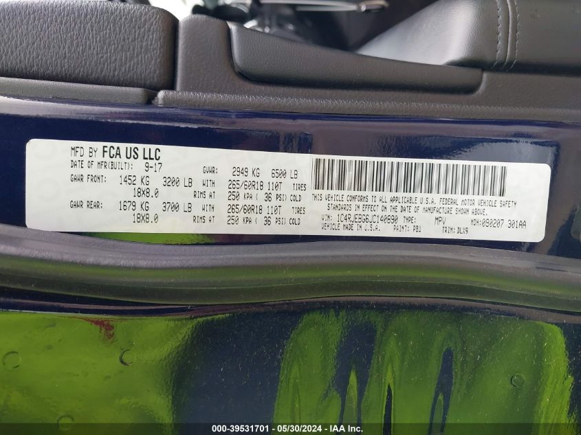 2018 Jeep Grand Cherokee Limited 4X2 VIN: 1C4RJEBG6JC140890 Lot: 39531701