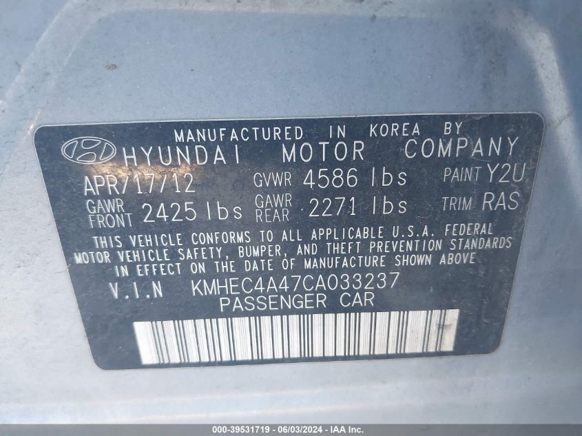 2012 Hyundai Sonata Hybrid VIN: KMHEC4A47CA033237 Lot: 39531719