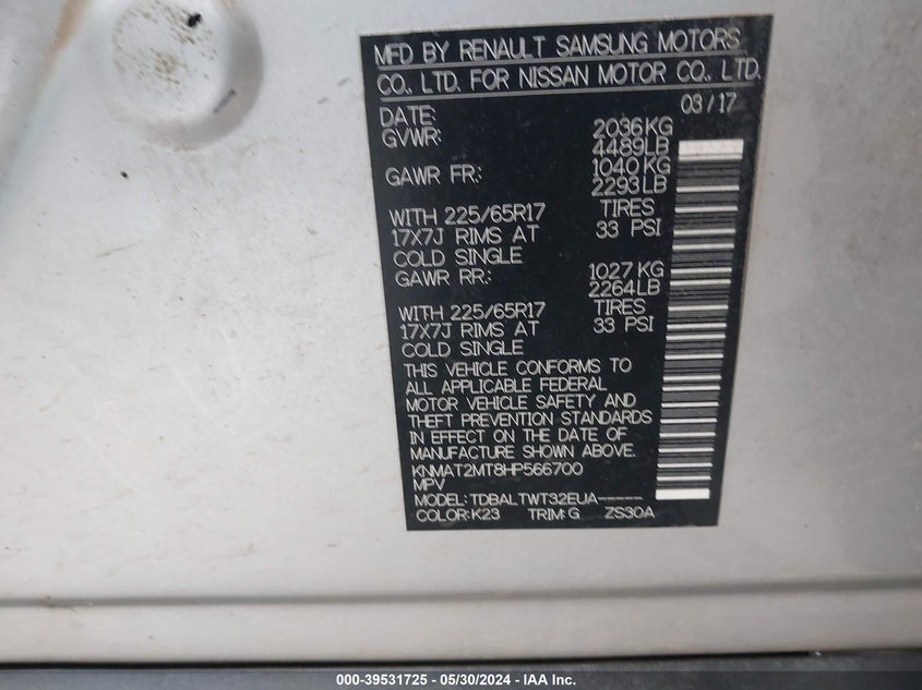 2017 Nissan Rogue Sv VIN: KNMAT2MT8HP566700 Lot: 39531725