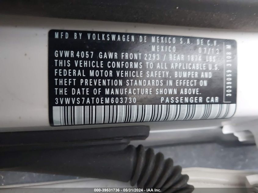 2014 Volkswagen Beetle 2.0T R-Line VIN: 3VWVS7AT0EM603730 Lot: 39531736