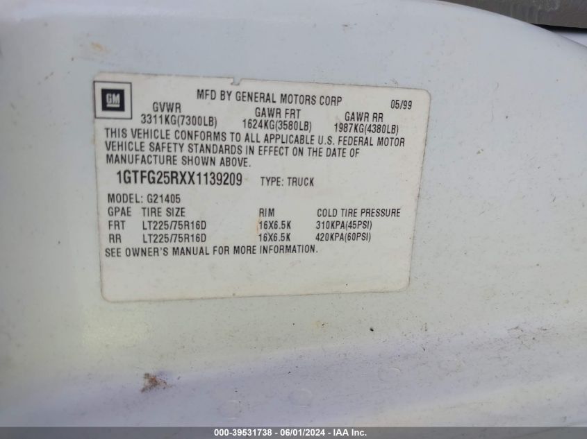 1999 GMC Savana Standard VIN: 1GTFG25RXX1139209 Lot: 39531738