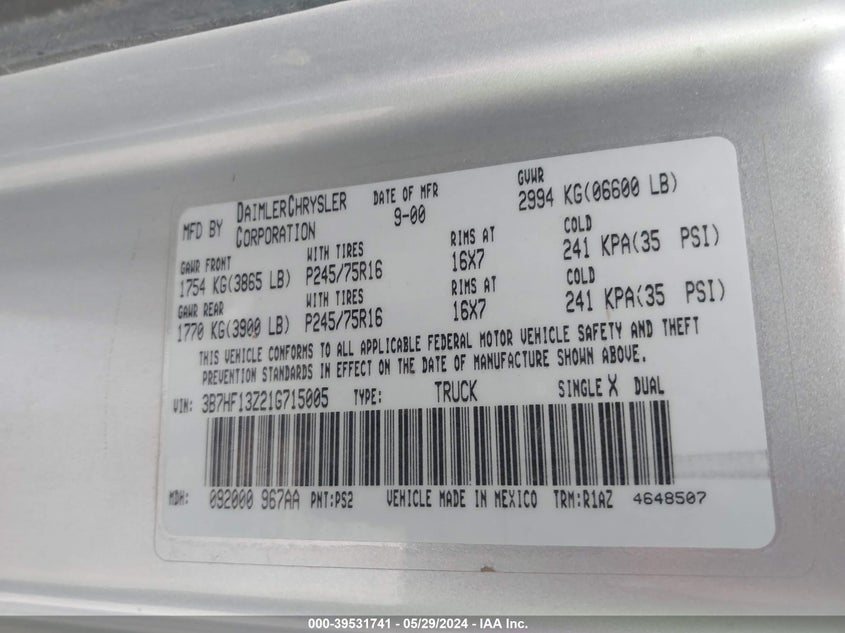 2001 Dodge Ram 1500 St VIN: 3B7HF13Z21G715005 Lot: 39531741