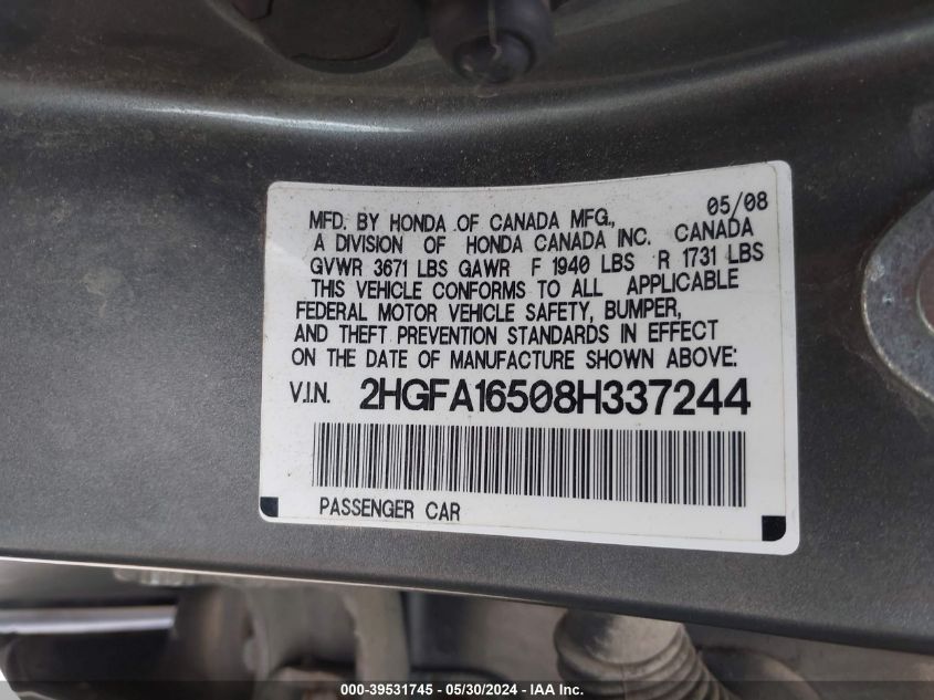 2008 Honda Civic Lx VIN: 2HGFA16508H337244 Lot: 39531745