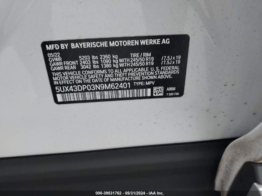 2022 BMW X3 Sdrive30I VIN: 5UX43DP03N9M62401 Lot: 39531762