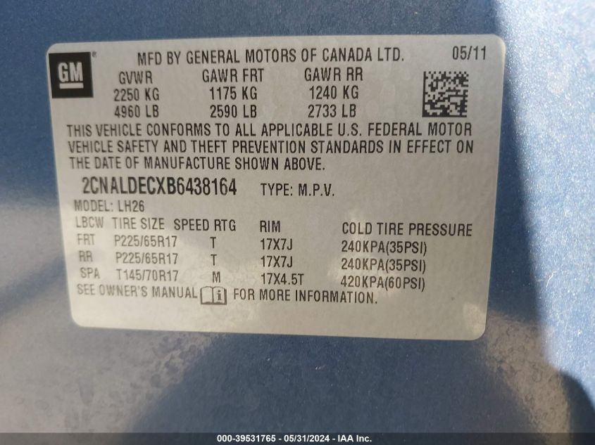 2011 Chevrolet Equinox 1Lt VIN: 2CNALDECXB6438164 Lot: 39531765