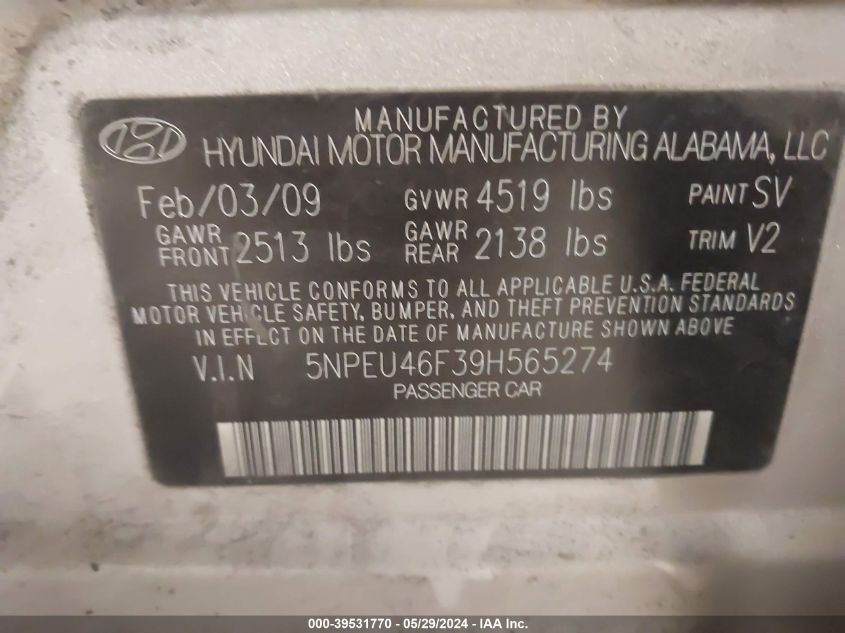 2009 Hyundai Sonata Limited V6 VIN: 5NPEU46F39H565274 Lot: 39531770