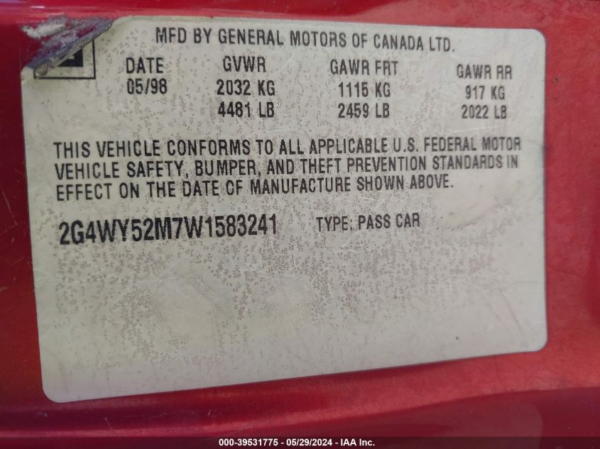 1998 Buick Century Limited Cmi VIN: 2G4WY52M7W1583241 Lot: 39531775