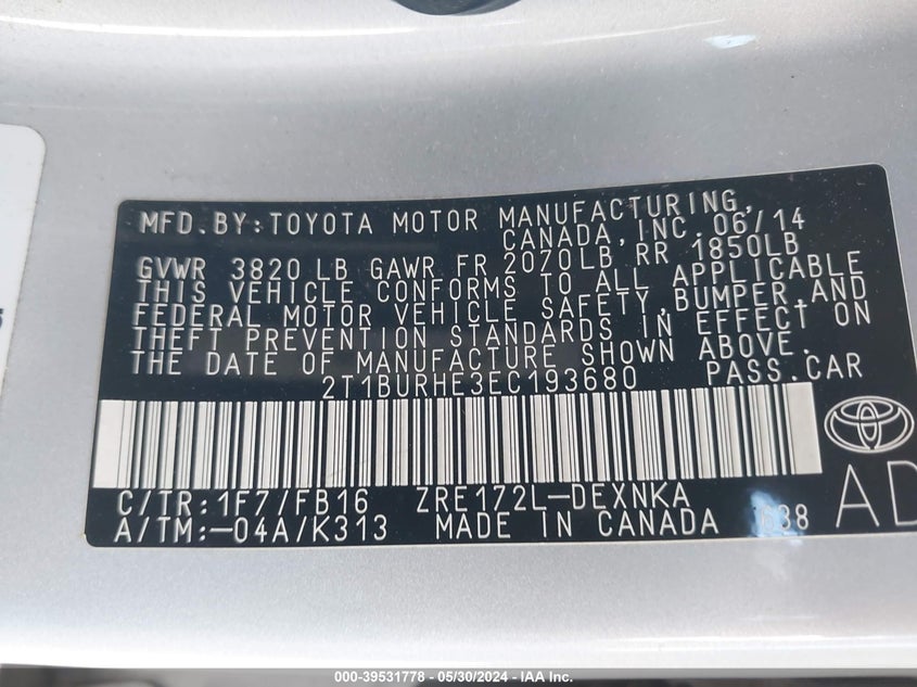 2014 Toyota Corolla Le VIN: 2T1BURHE3EC193680 Lot: 39531778