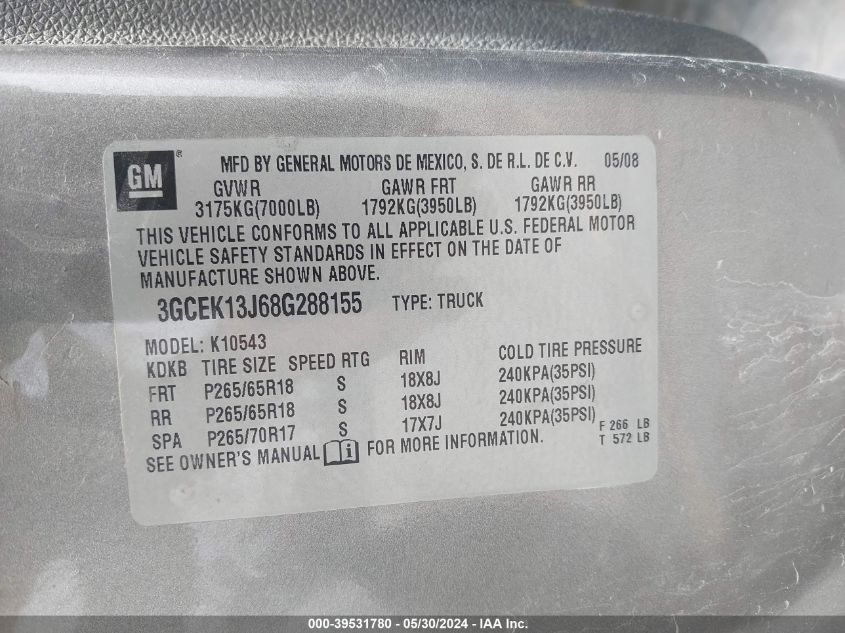 2008 Chevrolet Silverado 1500 Lt1 VIN: 3GCEK13J68G288155 Lot: 39531780