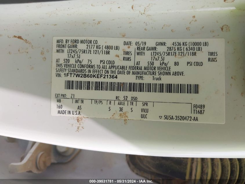 2019 Ford F-250 Xl VIN: 1FT7W2B60KEF21364 Lot: 39531781