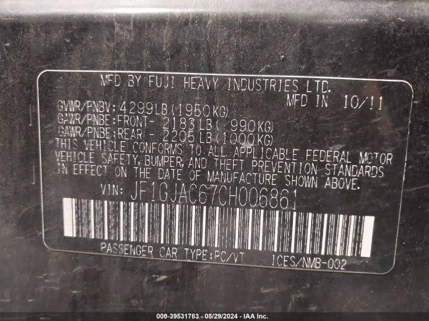 2012 Subaru Impreza 2.0I Premium VIN: JF1GJAC67CH006861 Lot: 39531783