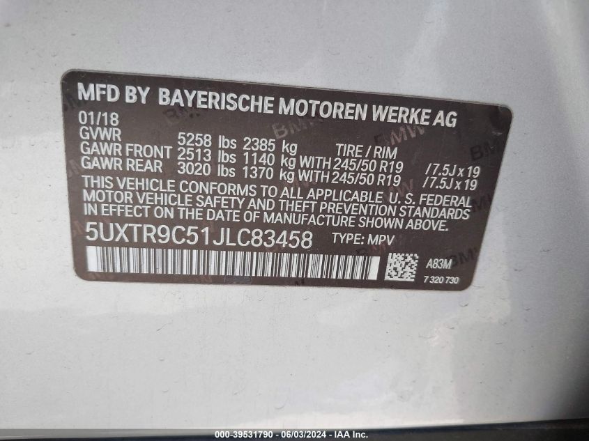 2018 BMW X3 xDrive30I VIN: 5UXTR9C51JLC83458 Lot: 39531790