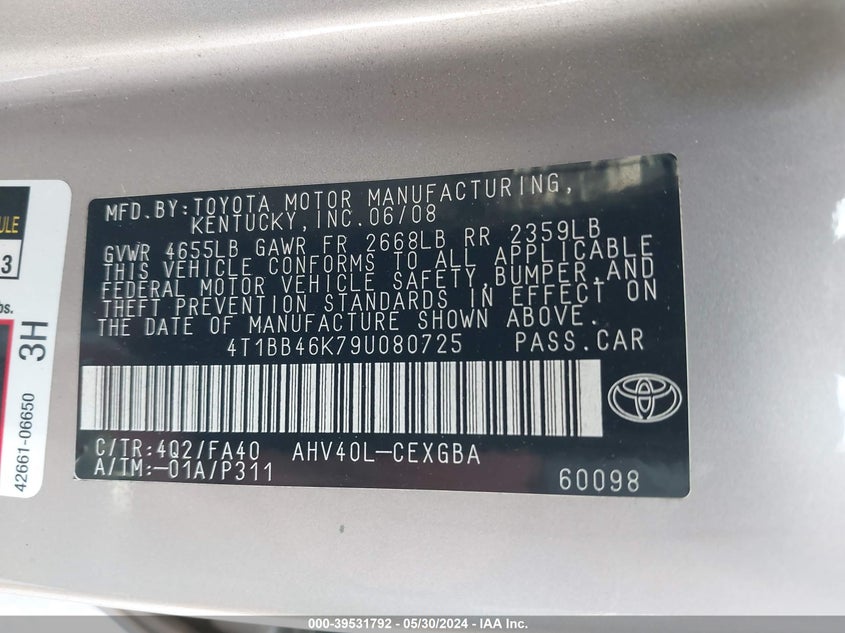 2009 Toyota Camry Hybrid VIN: 4T1BB46K79U080725 Lot: 39531792