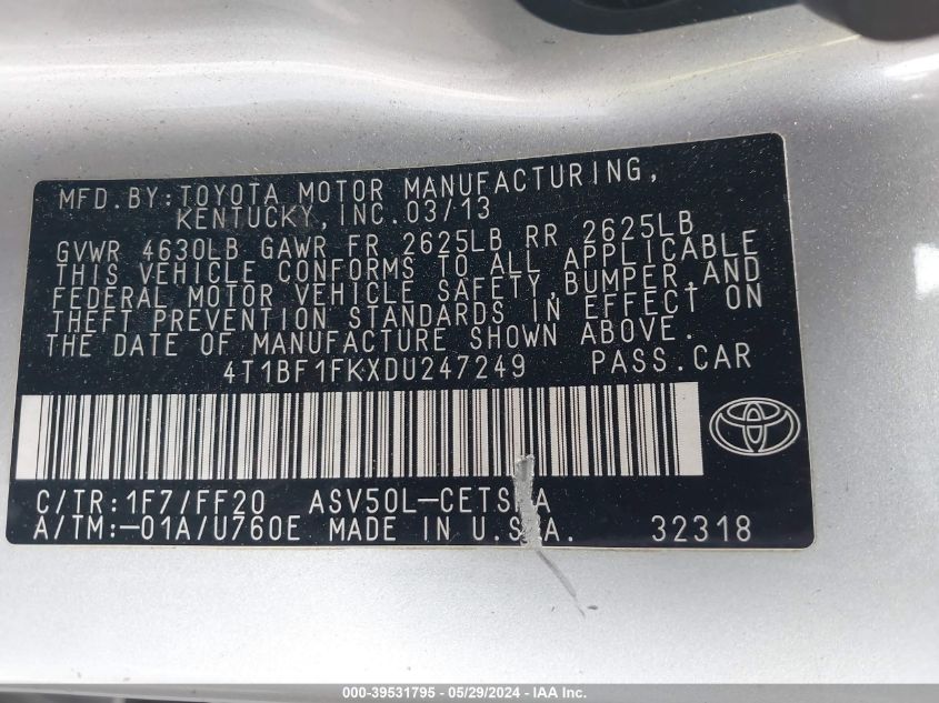 2013 Toyota Camry Se VIN: 4T1BF1FKXDU247249 Lot: 39531795