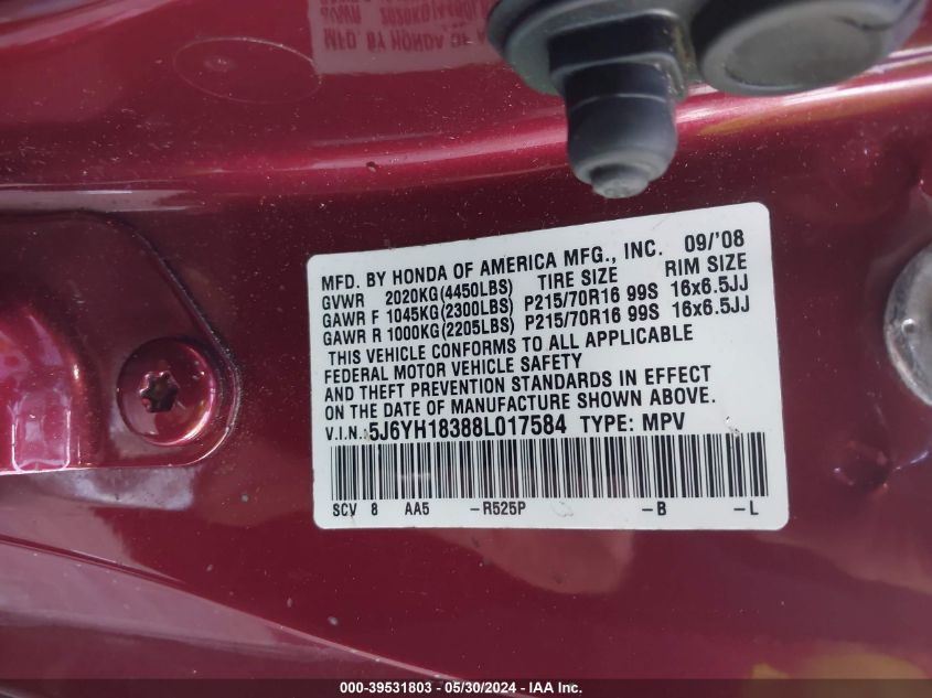 2008 Honda Element Lx VIN: 5J6YH18388L017584 Lot: 39531803