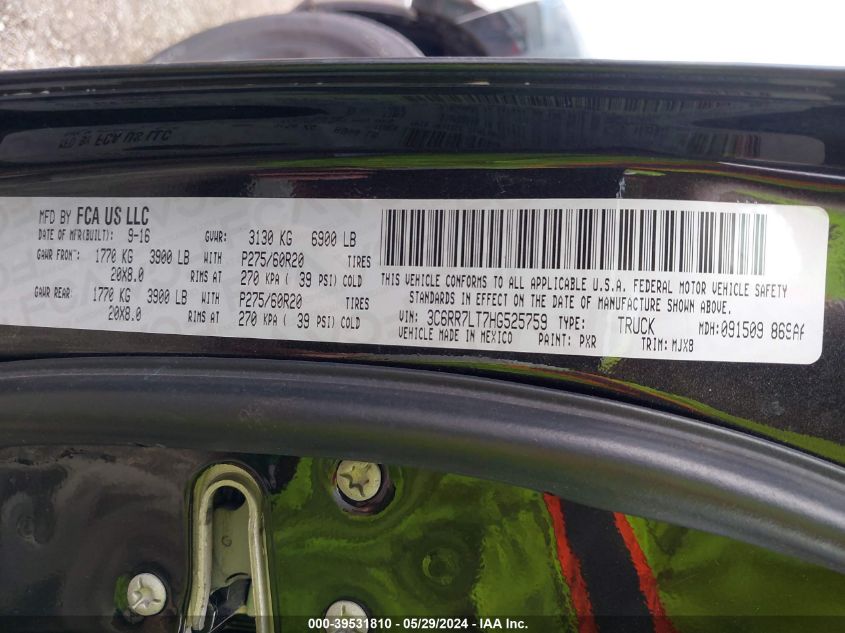 2017 Ram 1500 Big Horn 4X4 5'7 Box VIN: 3C6RR7LT7HG525759 Lot: 39531810