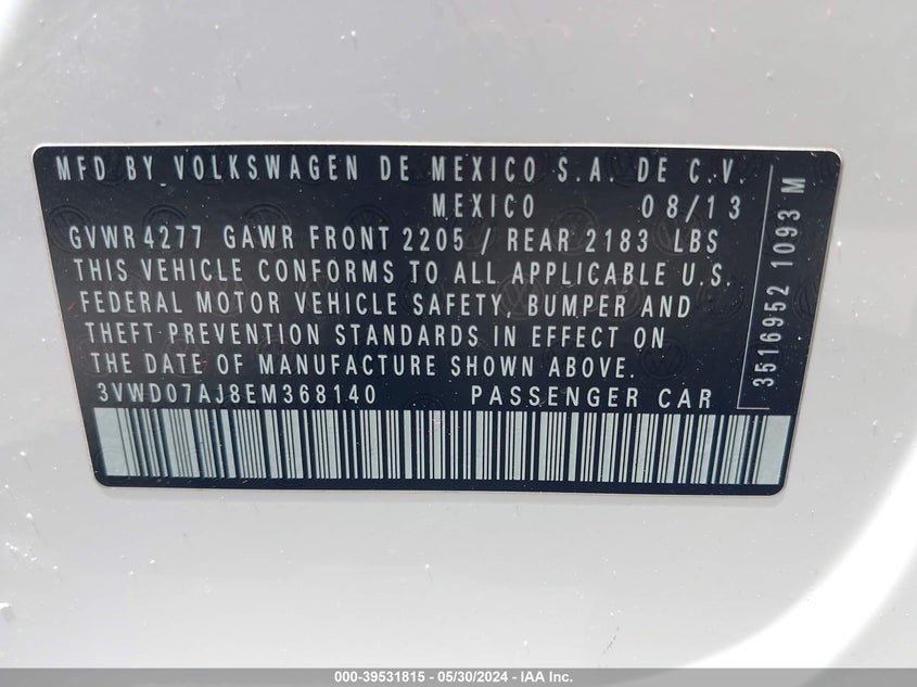 2014 Volkswagen Jetta 1.8T Se VIN: 3VWD07AJ8EM368140 Lot: 39531815