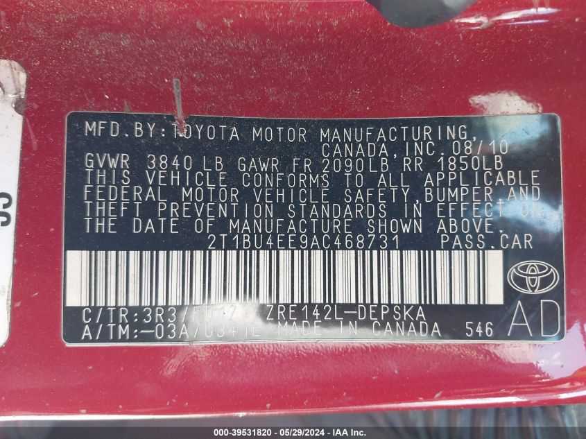 2010 Toyota Corolla S VIN: 2T1BU4EE9AC468731 Lot: 39531820