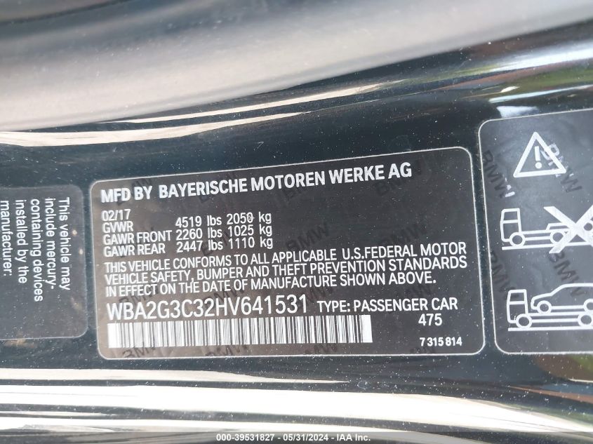 2017 BMW M240I xDrive VIN: WBA2G3C32HV641531 Lot: 39531827