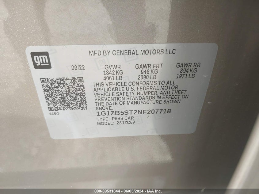 2022 Chevrolet Malibu Ls VIN: 1G1ZB5ST2NF207718 Lot: 39531844