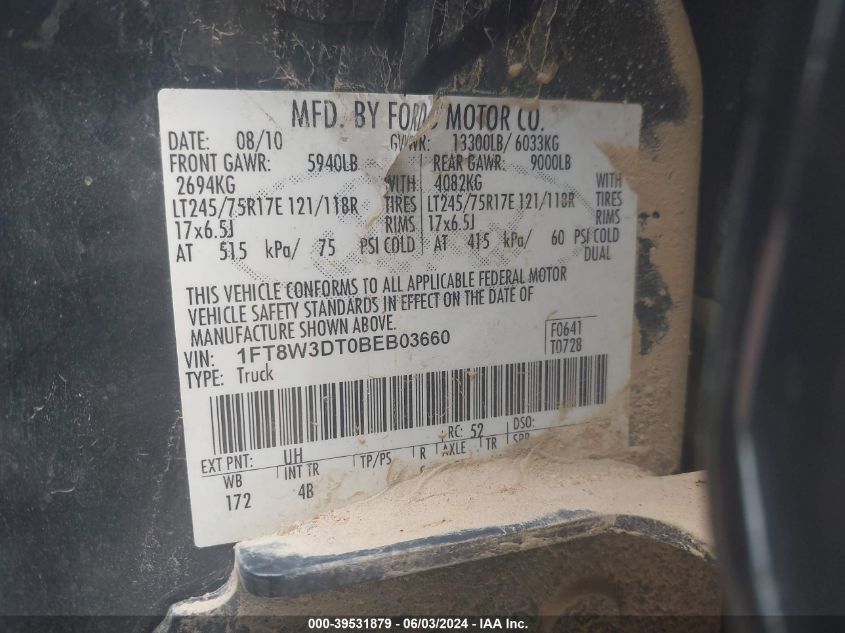 2011 Ford F-350 Lariat VIN: 1FT8W3DT0BEB03660 Lot: 39531879