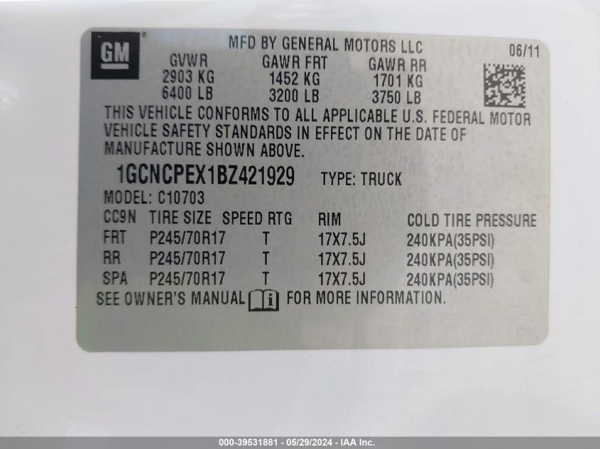2011 Chevrolet Silverado 1500 Work Truck VIN: 1GCNCPEX1BZ421929 Lot: 39531881