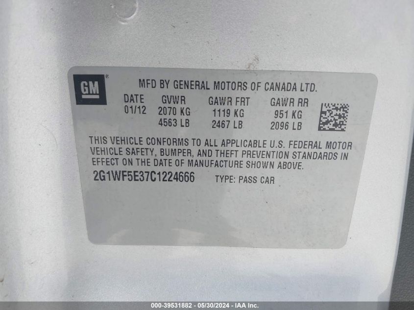 2012 Chevrolet Impala Ls VIN: 2G1WF5E37C1224666 Lot: 39531882