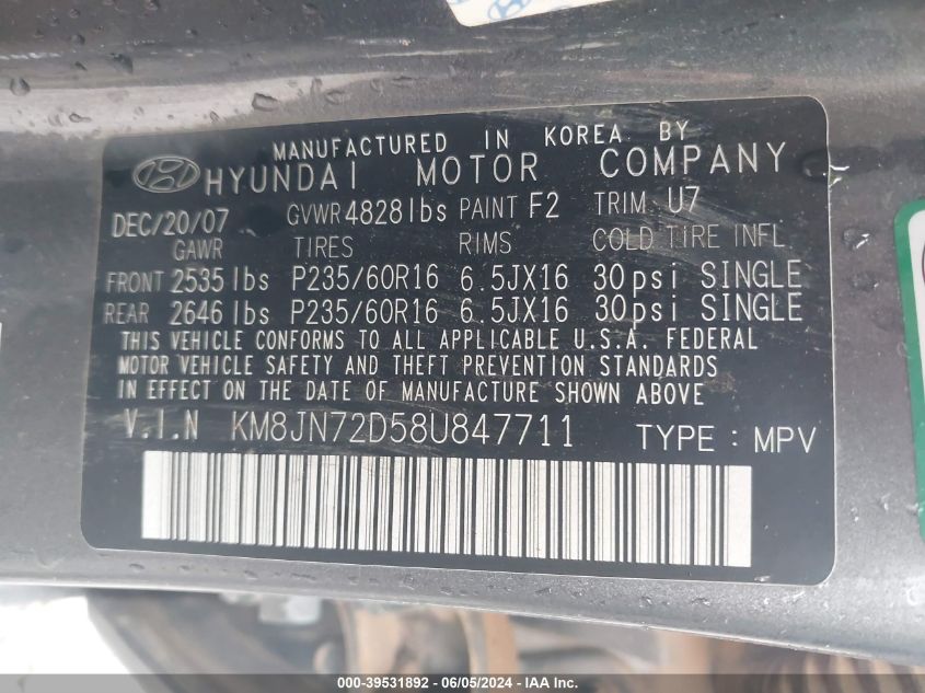 2008 Hyundai Tucson Limited V6/Se VIN: KM8JN72D58U847711 Lot: 39531892