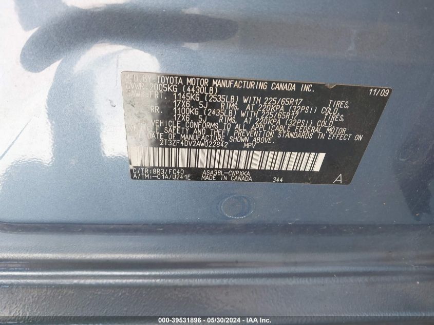 2010 Toyota Rav4 VIN: 2T3ZF4DV2AW022842 Lot: 39531896