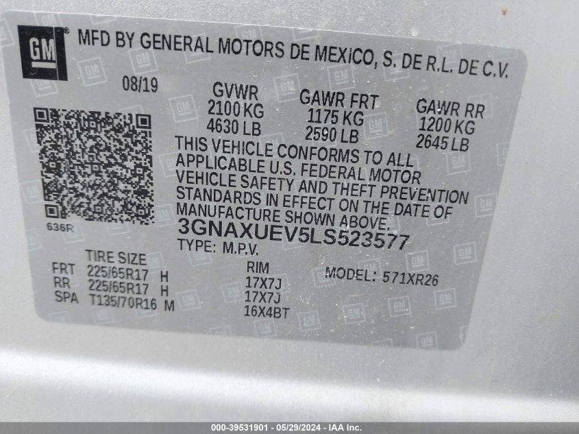 2020 Chevrolet Equinox Awd Lt 1.5L Turbo VIN: 3GNAXUEV5LS523577 Lot: 39531901