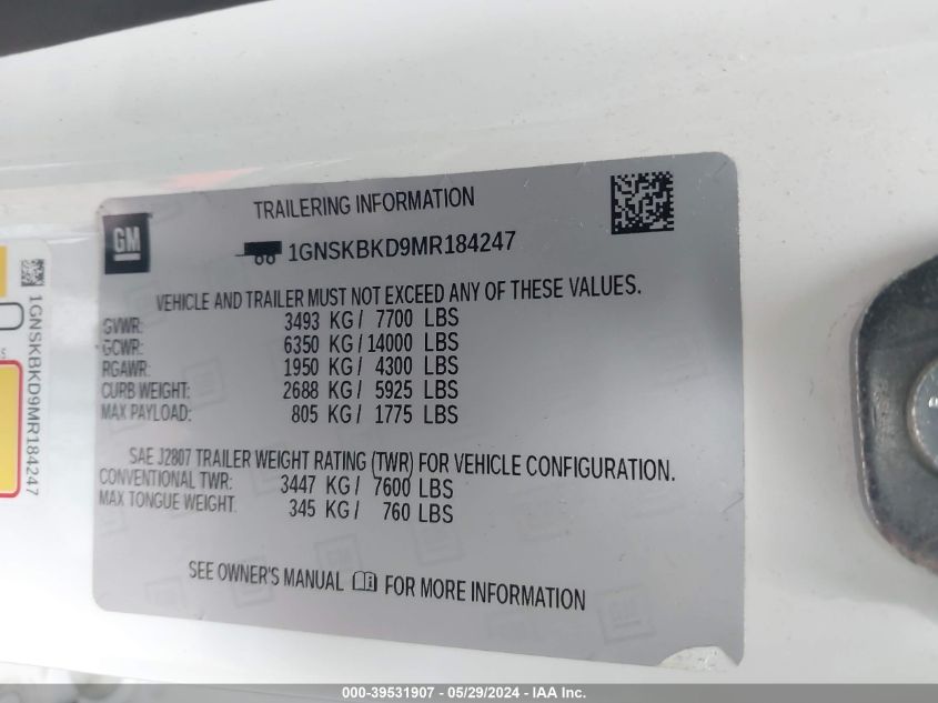 2021 Chevrolet Suburban 4Wd Ls VIN: 1GNSKBKD9MR184247 Lot: 39531907