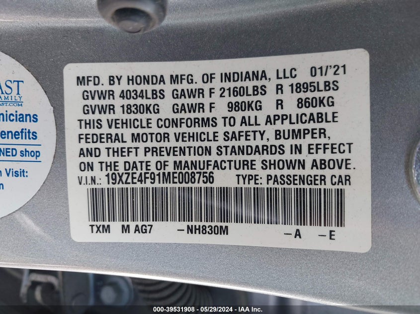 VIN 19XZE4F91ME008756 2021 HONDA INSIGHT TOURING