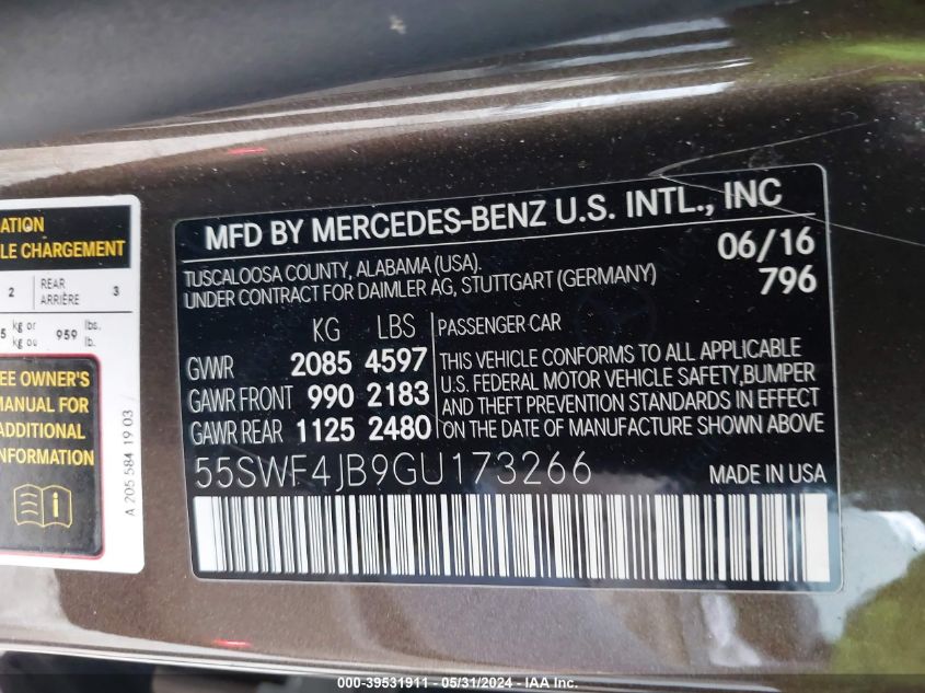 2016 Mercedes-Benz C 300 VIN: 55SWF4JB9GU173266 Lot: 39531911