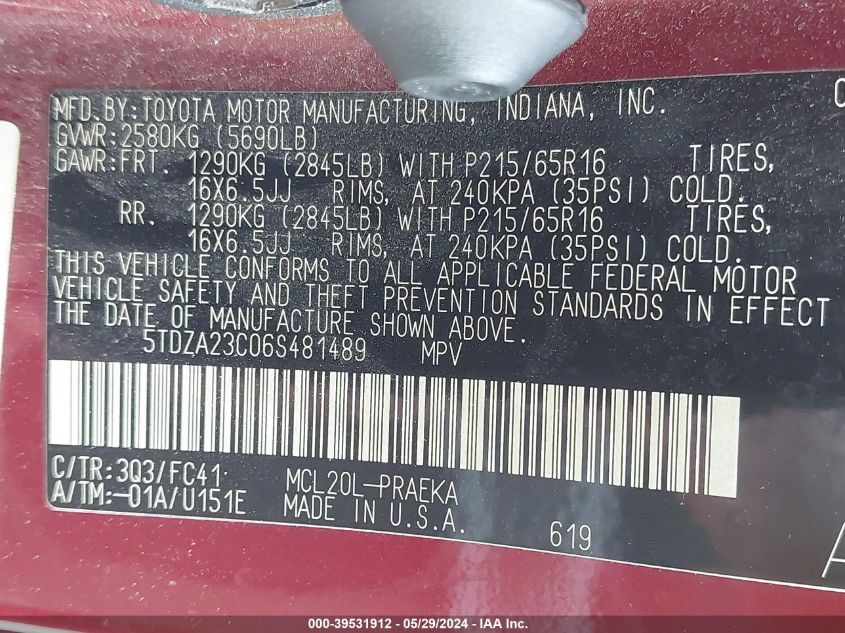 2006 Toyota Sienna Le VIN: 5TDZA23C06S481489 Lot: 39531912