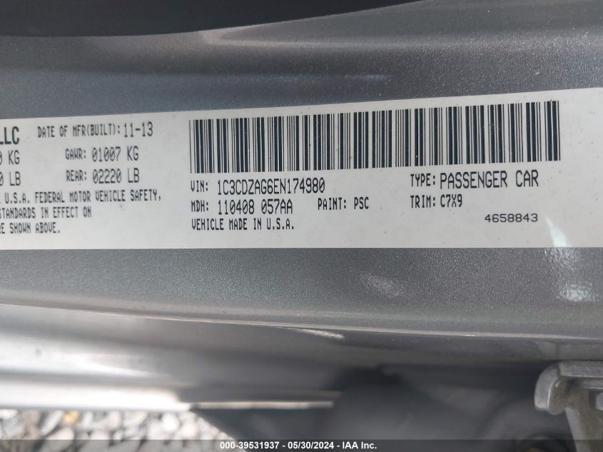 2014 Dodge Avenger Se VIN: 1C3CDZAG6EN174980 Lot: 39531937