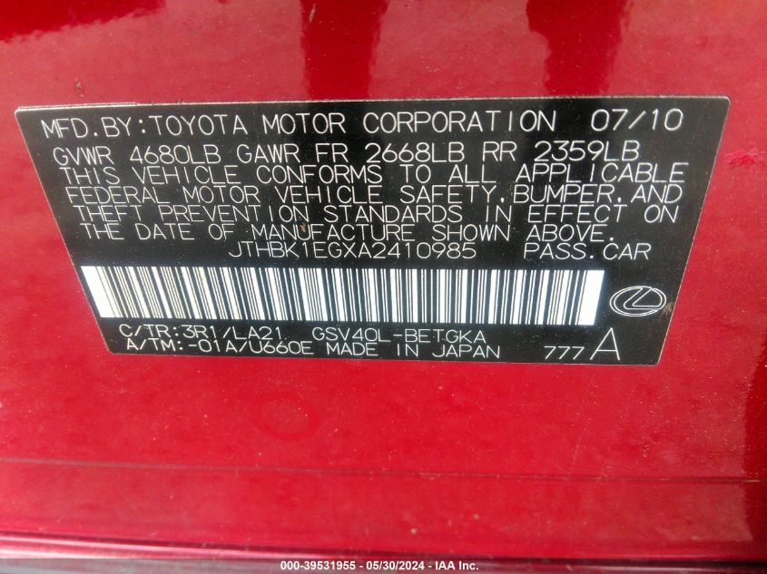 2010 Lexus Es 350 VIN: JTHBK1EGXA2410985 Lot: 39531955