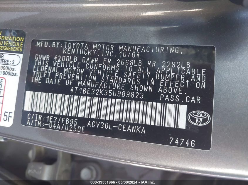 2005 Toyota Camry Le VIN: 4T1BE32K35U989823 Lot: 39531966