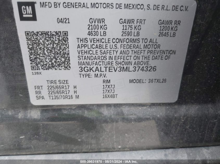 2021 GMC Terrain Awd Sle VIN: 3GKALTEV3ML374326 Lot: 39531970